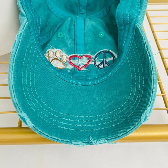 BRAND NEW, Never Worn Distressed Peace, Love and Dogs Turqouise Adjustable Hat! - Picture 5 of 8
